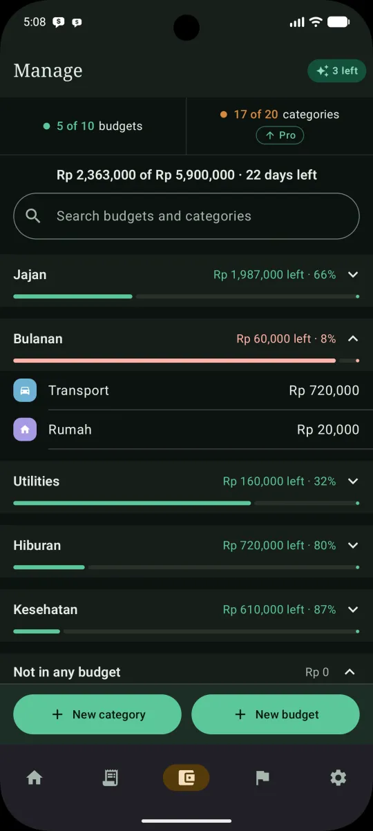 PingBudget budget screen by category, showing what is left and the share used