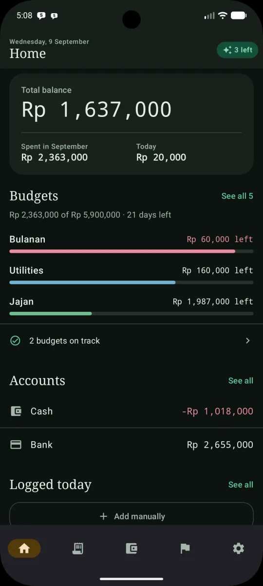 PingBudget home screen: total balance, this month's spending, budget bars and account list