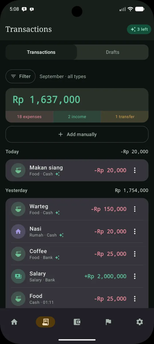 PingBudget transaction list grouped by day, with a mark on the ones the AI logged